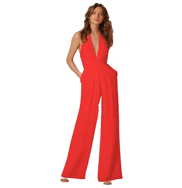 Jumpsuits Women Sexy Playsuits Deep V-neck Sleeveless Halter Neck Backless High Waist Wide Leg Jumpsuit Elegant Party Banquet - Image 3