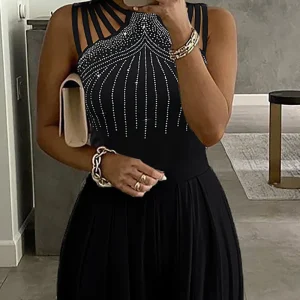Mandylandy Wide Leg Jumpsuit Waist Diamond Sleeveless Solid Color Rompers Summer Jumpsuits Women O-neck Straight Pants Jumpsuits