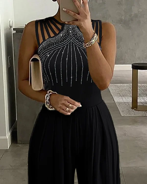 Mandylandy Wide Leg Jumpsuit Waist Diamond Sleeveless Solid Color Rompers Summer Jumpsuits Women O-neck Straight Pants Jumpsuits