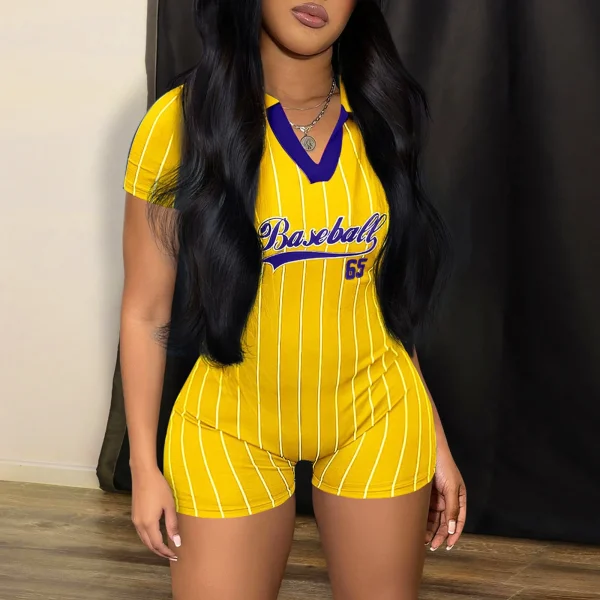 Women's V Neck Casual Jumpsuit One Piece Tight Short Rompers Sports Clothes Baseball Letter Print Summer Outfit New Fashion 2025