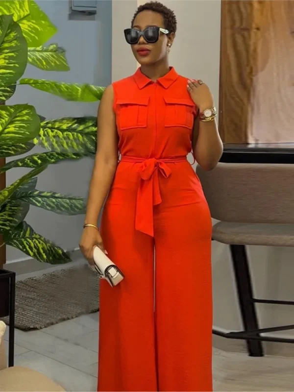 Spring And Summer Sleeveless Wide-leg Jumpsuit Women's Fashion Lace-up Lapel Pocket Front Zipper Flying Street Jumpsuit Trousers - Image 2