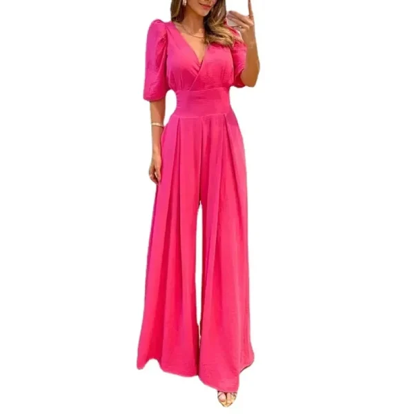 2025 Women Jumpsuit Puff Short Sleeve V Neck Backless Nipped Waist Loose Wide Legs Casual Pants Romper High Streetwear - Image 5