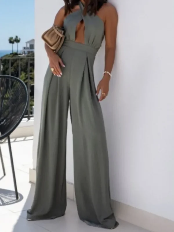Summer Simple Solid Color Sleeveless Off-the-shoulder Sexy Hanging Neck Waist Jumpsuit Women's Fashion Elegant Wide-leg Trousers - Image 2