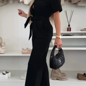 2025 Summer Fashion Women's Shirt Collar Short-sleeved Tie Jumpsuit Simple Solid Color Loose Waist Comfortable Casual Jumpsuit
