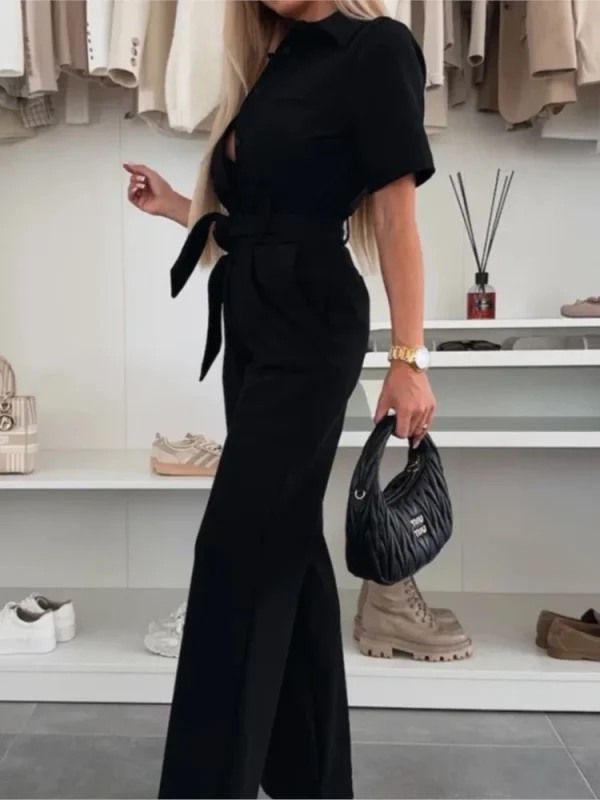 2025 Summer Fashion Women's Shirt Collar Short-sleeved Tie Jumpsuit Simple Solid Color Loose Waist Comfortable Casual Jumpsuit