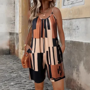 2025 Summer Sexy Sling Beach Short Playsuits Women Fashion Plus Size Sleeveless Striped Print Loose Short Jumpsuit Casual Romper