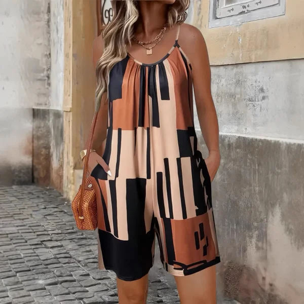 2025 Summer Sexy Sling Beach Short Playsuits Women Fashion Plus Size Sleeveless Striped Print Loose Short Jumpsuit Casual Romper