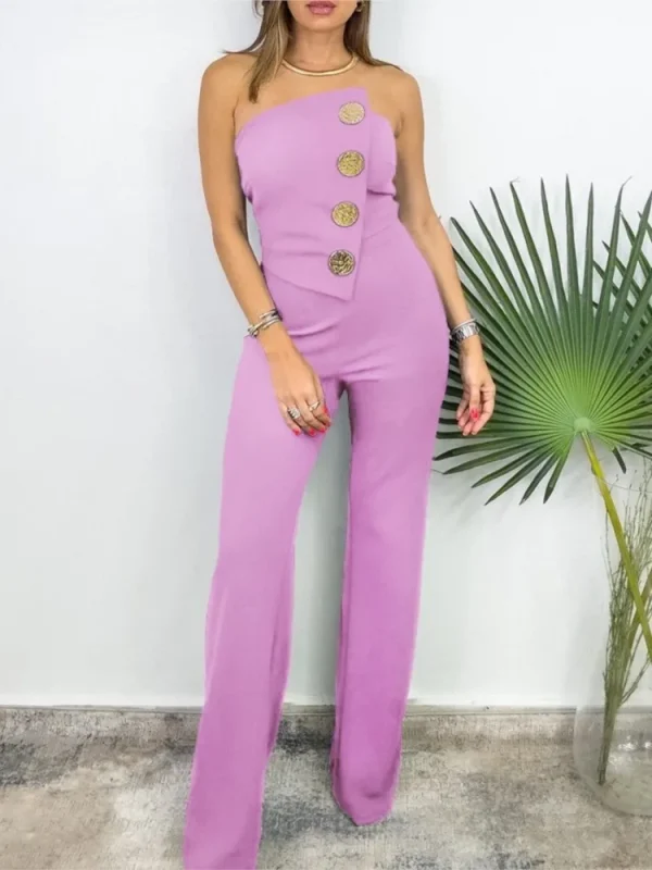 Summer Sexy Chest Button Decoration Micro-la Jumpsuit Trousers Women's Temperament Commuting Fashion Sleeveless Jumpsuit - Image 6