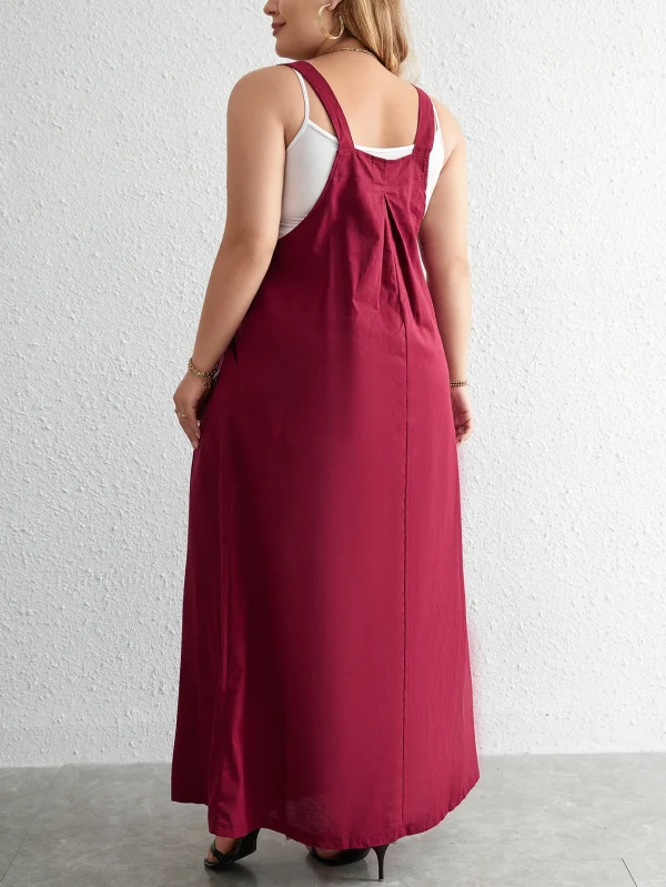 Plus Size Cotton Dress Woman 2024 Summer Sleevless Solid Casual Strap Tank Dress Red Pockets Big Curvy Size Maxi Long Dresses - Image 4