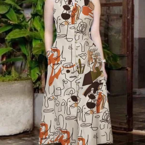 ZANZEA Elegant Women Midi Dresses Summer Sleeveless Party Sundress Stylish V Neck Holiday Work Vestidos Print A Line Dress 2025