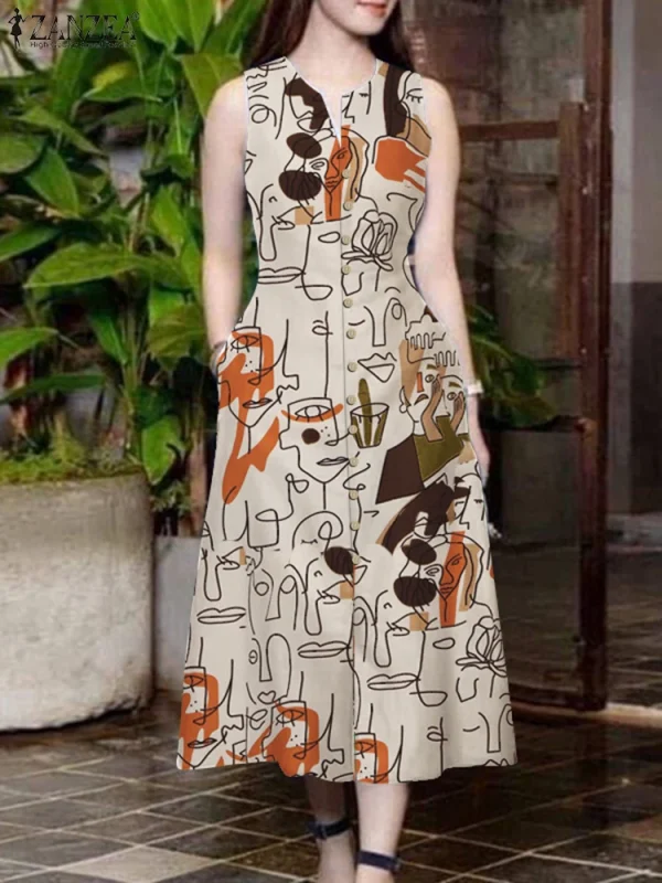 ZANZEA Elegant Women Midi Dresses Summer Sleeveless Party Sundress Stylish V Neck Holiday Work Vestidos Print A Line Dress 2025