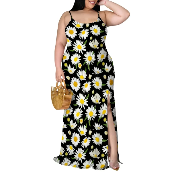 Plus Size Daisy Print Maxi Dress Sleeveless Spaghetti Strap Casual Summer Boho Beach Dress - Image 3