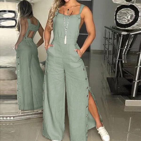 Women's Summer Sleeveless Cotton Linen Playsuits Strappy Side Button Opening Overalls Loose Long Wide Leg Pants Female Jumpsuits - Image 3