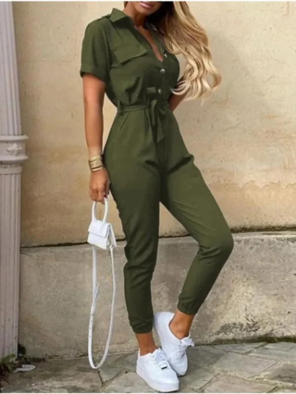 Women's Jumpsuit Solid Color Short Sleeve Lapel Lace-up Printed Belt Ladies Jumpsuits Elegant Casual Office Lady Jumpsuit Female - Image 5