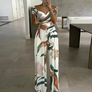 Jumpsuits Women new summer fashion off shoulder floral printed short sleeve v neck high-waisted women rompers clothing GHH9105