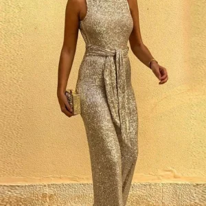 Women Jumpsuits Solid Color Sleeveless O-neck Sequin Backless High Waist Jumpsuit Female Elegant Sexy Evening Party Jumpsuit