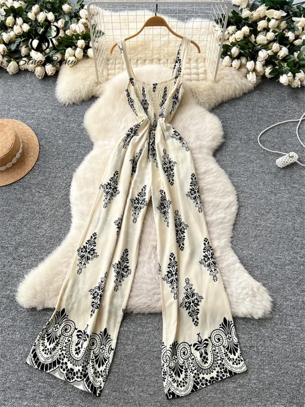 SINGREINY Vintage Print Long Jumpsuits Female Strap Sleeveless Ruched Elastic Slim Backless Summer Floral Retro Beach Rompers - Image 4