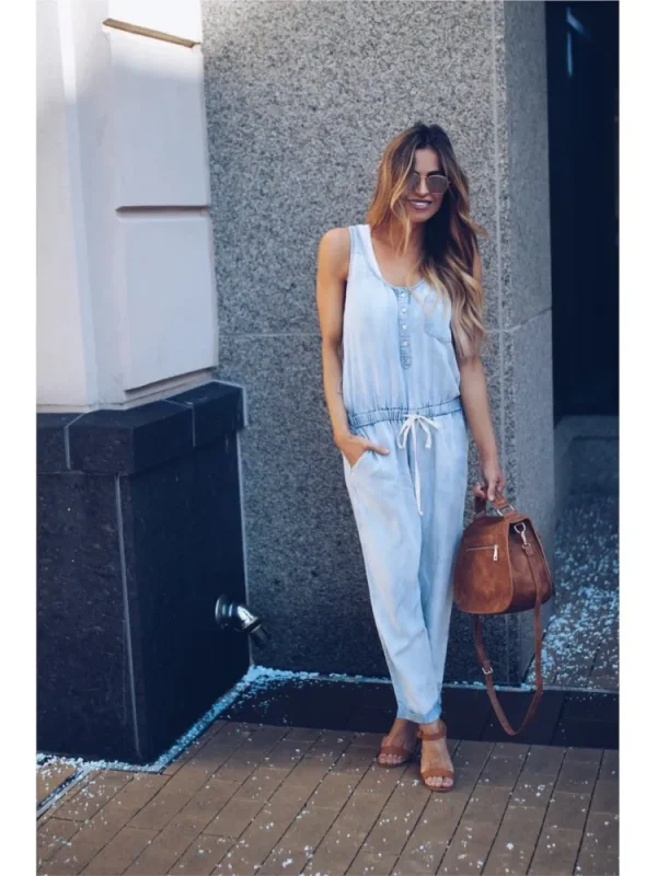 Summer Denim Jumpsuit For Women 2025 Fashion Sleeveless Button Vest Slim Drawstring Pant Jumpsuits High Street Women's Clothing - Image 4