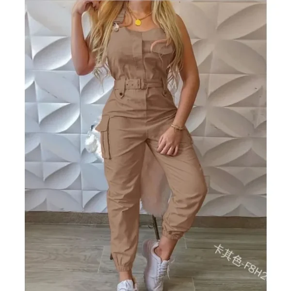 New Women Solid Color Cargo Pocket Jumpsuit Pants 2023 Spring Summer Jumpsuits Women Sleeveless Spaghetti Strap Pencil Jumpsuit - Image 2