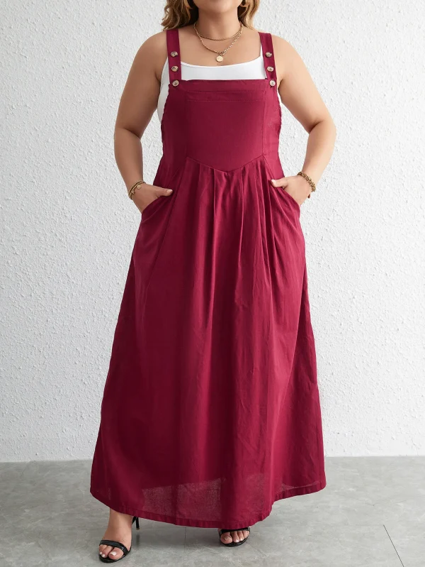 Plus Size Cotton Dress Woman 2024 Summer Sleevless Solid Casual Strap Tank Dress Red Pockets Big Curvy Size Maxi Long Dresses - Image 3