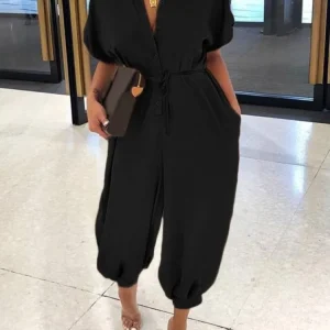 Summer Fashion V-Neck Button Lace-Up Jumpsuit Short Sleeve Loose Playsuit Overalls Women Elegant Leopard Print Pocket Rompers