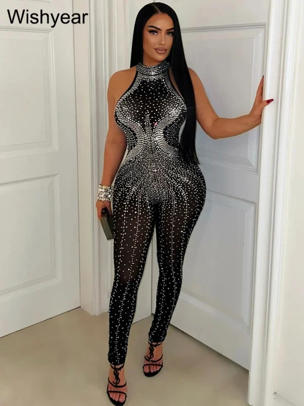 New Sexy Luxury Sleeveless Mesh See Through Skinny Jumpsuit Woman Elegant Rhinestone Birthday Party Night Club Romper Overalls