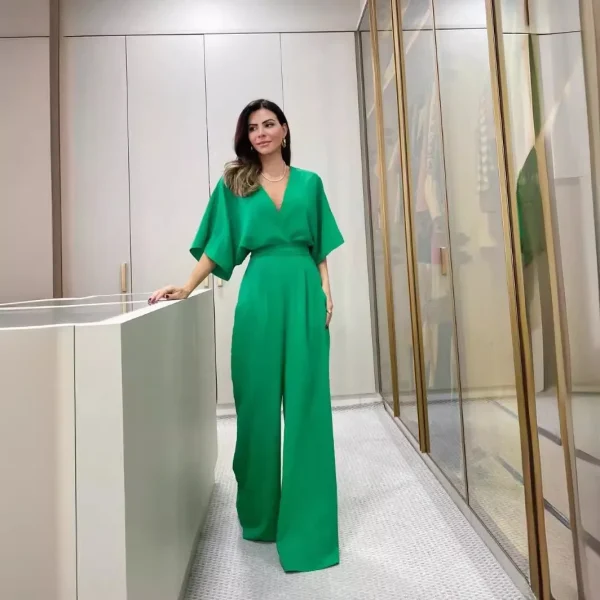Jumpsuits Women Rompers Wide Leg Pants V Neck One Piece Spliced Full Length Short Sleeve Solid Sashes High Street Loose - Image 3