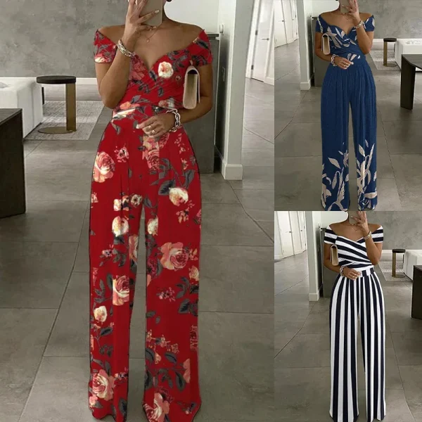 Jumpsuits Women new summer fashion off shoulder floral printed short sleeve v neck high-waisted women rompers clothing GHH9105 - Image 4
