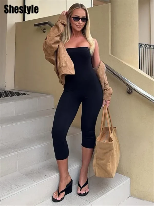 Shestyle Solid Strapless Playsuit Women Black Sexy Sportwear Work Out Elastic Figure Building Outfit Jumpsuit Slit Sleeveless - Image 3