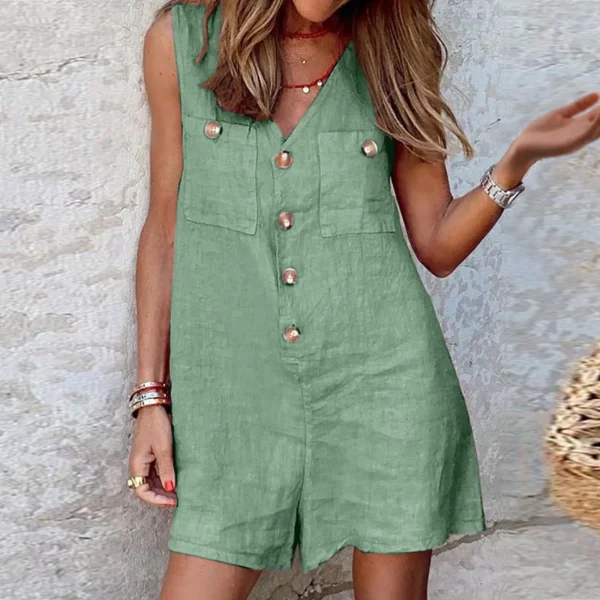 Womens Sleeveless Solid Rompers V Neck Buttons Down Loose Casual Shorts Playsuit With Pocket Ladies Simplicity Street Pantsuits - Image 2