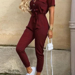Women's Jumpsuit Solid Color Short Sleeve Lapel Lace-up Printed Belt Ladies Jumpsuits Elegant Casual Office Lady Jumpsuit Female
