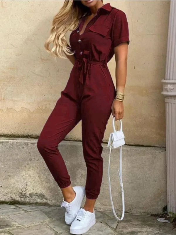 Women's Jumpsuit Solid Color Short Sleeve Lapel Lace-up Printed Belt Ladies Jumpsuits Elegant Casual Office Lady Jumpsuit Female