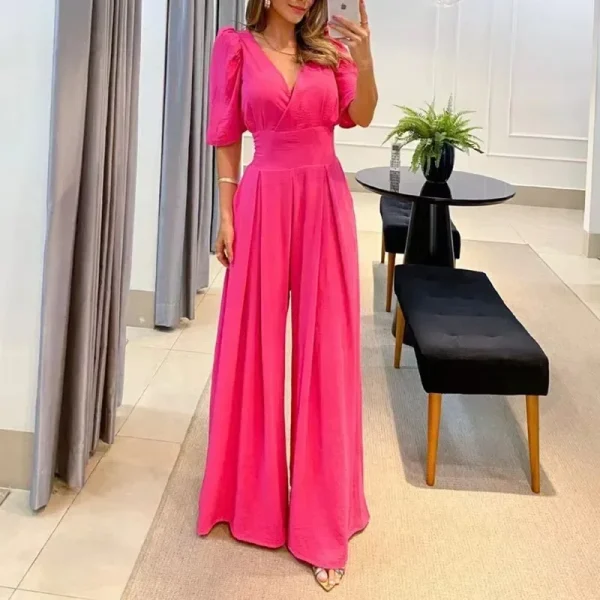2025 Women Jumpsuit Puff Short Sleeve V Neck Backless Nipped Waist Loose Wide Legs Casual Pants Romper High Streetwear - Image 6