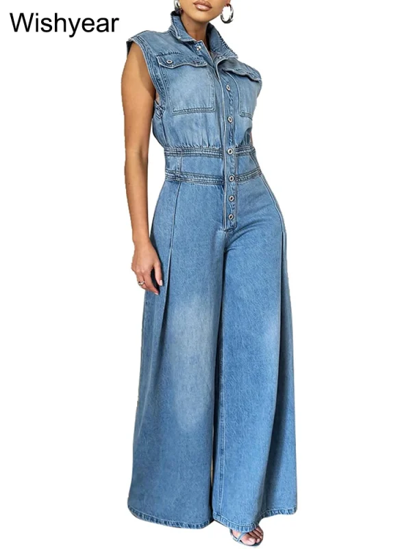Vintage Loose Denim Wide Leg Pants Jumpsuit Women Pocket Sleeveless Single Breasted Baggy Jean One Piece Rompers Street Overalls - Image 2