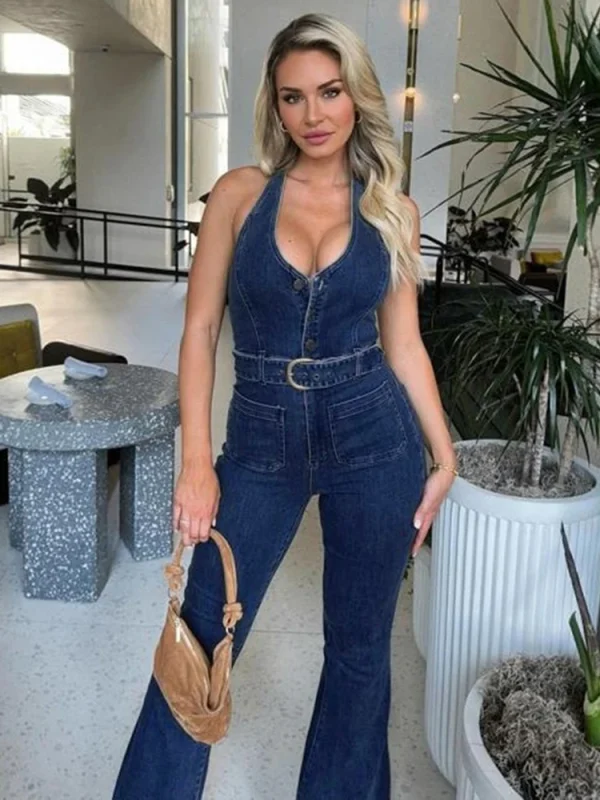 Summer New Women's Denim Halter Sleeveless Jumpsuit With Chic Buttons Stretch Slimming Waist Romper Streetwear Trendy Outfit - Image 3