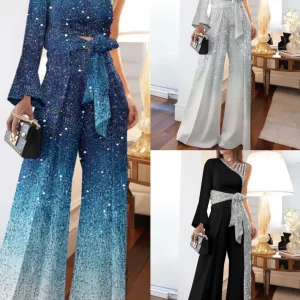 Jumpsuits Women Sequins Splice Wide Leg Pants Casual One Shoulder Irregular High Waist Lace Up Rompers Loose Summer 2025
