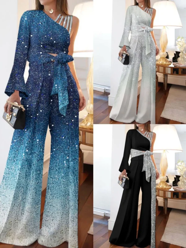 Jumpsuits Women Sequins Splice Wide Leg Pants Casual One Shoulder Irregular High Waist Lace Up Rompers Loose Summer 2025