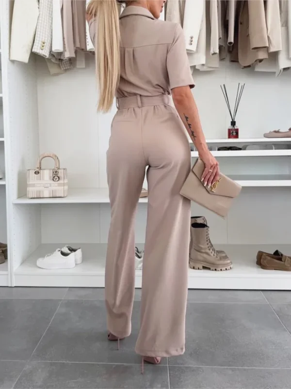 2025 Summer Fashion Women's Shirt Collar Short-sleeved Tie Jumpsuit Simple Solid Color Loose Waist Comfortable Casual Jumpsuit - Image 4