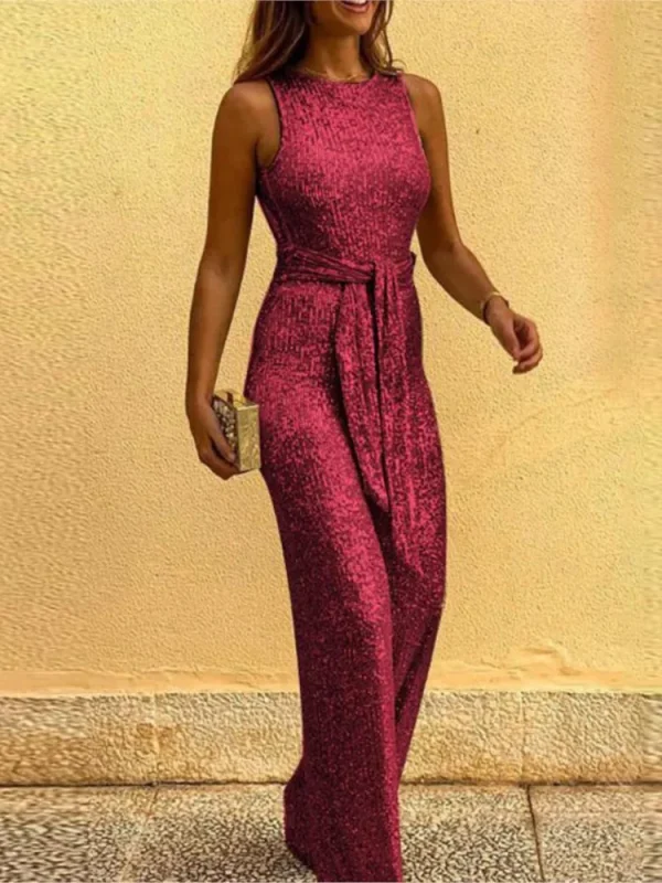 Women Jumpsuits Solid Color Sleeveless O-neck Sequin Backless High Waist Jumpsuit Female Elegant Sexy Evening Party Jumpsuit - Image 2