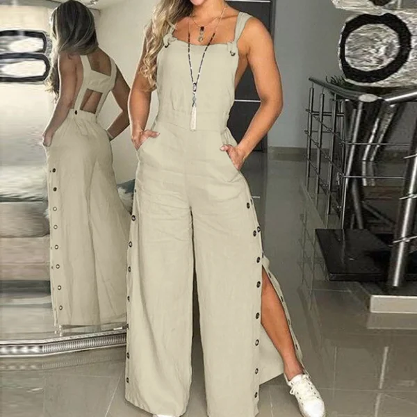 Women's Summer Sleeveless Cotton Linen Playsuits Strappy Side Button Opening Overalls Loose Long Wide Leg Pants Female Jumpsuits - Image 2