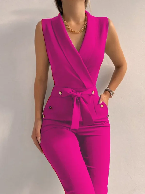 Women Casual V Neck Jumpsuits Button Lace Up Sleeveless Wide Leg Pants Streetwear Overalls Jumpsuit Women - Image 2