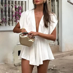 Trendy Jumpsuit Polyester Jumpsuit Satin Deep V Neck Romper with Ruffle Hem for Women's Club Party Sleeveless Swing Mini Dress