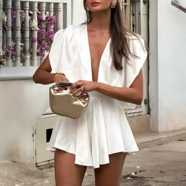 Trendy Jumpsuit Polyester Jumpsuit Satin Deep V Neck Romper with Ruffle Hem for Women's Club Party Sleeveless Swing Mini Dress