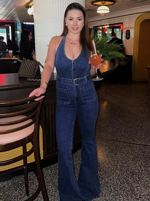 Summer New Women's Denim Halter Sleeveless Jumpsuit With Chic Buttons Stretch Slimming Waist Romper Streetwear Trendy Outfit - Image 5