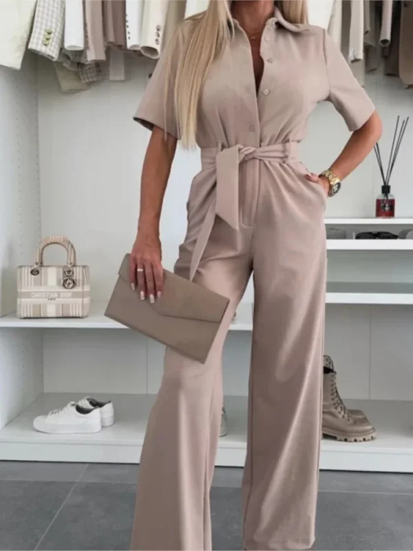 2025 Summer Fashion Women's Shirt Collar Short-sleeved Tie Jumpsuit Simple Solid Color Loose Waist Comfortable Casual Jumpsuit - Image 3