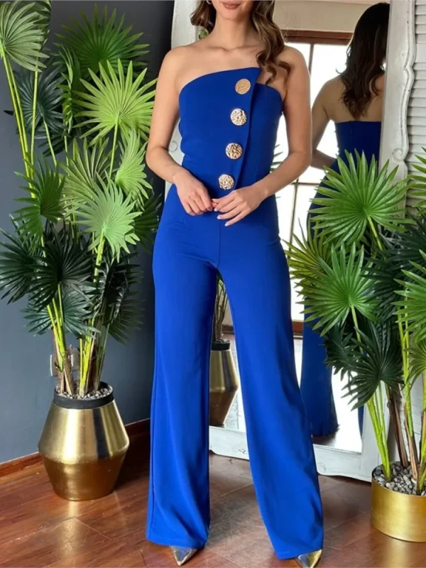 Summer Sexy Chest Button Decoration Micro-la Jumpsuit Trousers Women's Temperament Commuting Fashion Sleeveless Jumpsuit - Image 3