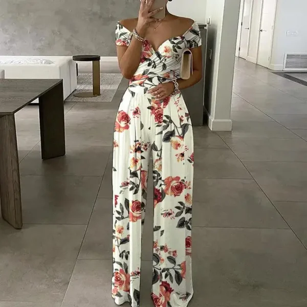 Jumpsuits Women new summer fashion off shoulder floral printed short sleeve v neck high-waisted women rompers clothing GHH9105 - Image 2