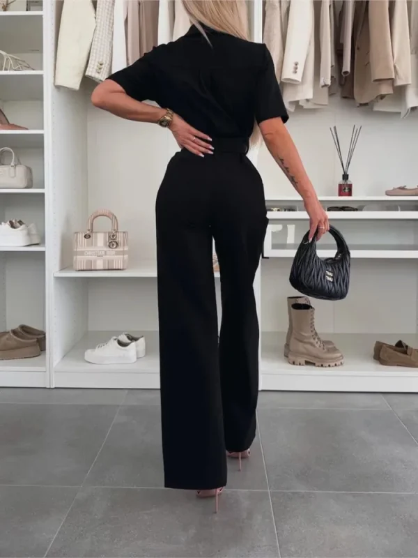 2025 Summer Fashion Women's Shirt Collar Short-sleeved Tie Jumpsuit Simple Solid Color Loose Waist Comfortable Casual Jumpsuit - Image 2