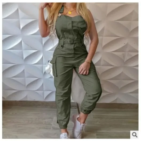 New Women Solid Color Cargo Pocket Jumpsuit Pants 2023 Spring Summer Jumpsuits Women Sleeveless Spaghetti Strap Pencil Jumpsuit - Image 6