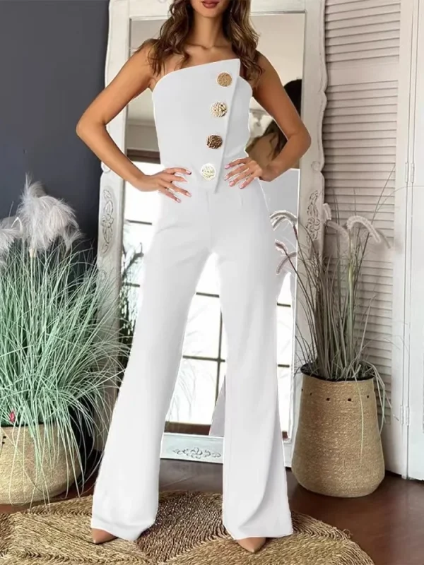 Summer Sexy Chest Button Decoration Micro-la Jumpsuit Trousers Women's Temperament Commuting Fashion Sleeveless Jumpsuit - Image 2